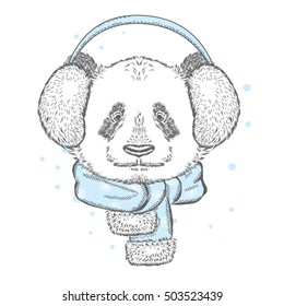 Cute panda in the New Year with headphones. Vector illustration. Christmas and New Year.