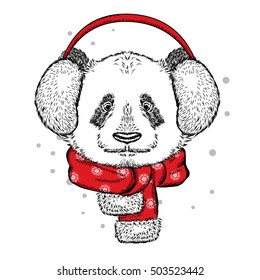 Cute panda in the New Year with headphones. Vector illustration. Christmas and New Year.