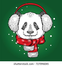 Cute panda in the New Year with headphones. Vector illustration. Christmas and New Year.