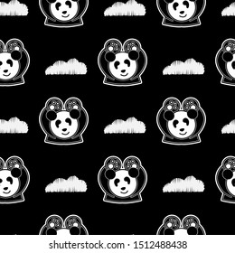 Cute panda night repeat pattern. bear hand up vector seamless pattern illustration cartoon style for wallpaper tile with black background and cloud