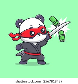 Cute Panda Ninja Slash Bamboo With Katana Sword Cartoon 
Vector Icon Illustration. Animal Holiday Icon Concept Isolated 
Premium Vector. Flat Cartoon Style 