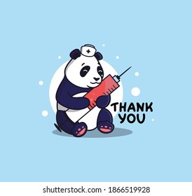 The cute panda is a nurse in a vector illustration. Cartoonish animal character with syringe and a lettering phrases - Thank you. A Bear-doctor is a good for medic designs, stickers, ads, t-shirts