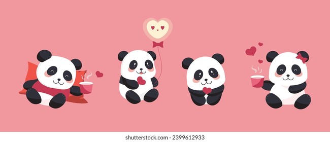 cute panda object set with heart for valentine's day.illustration vector for postcard,icon,sticker