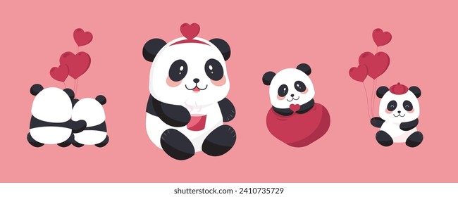 cute panda object set with heart for valentine's day.illustration vector for postcard,icon,sticker