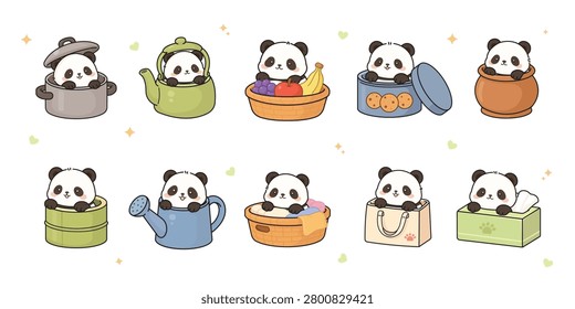 Cute panda in objects clipart and sticker set