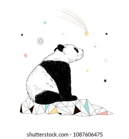 cute panda observing comet, funny animals illustration