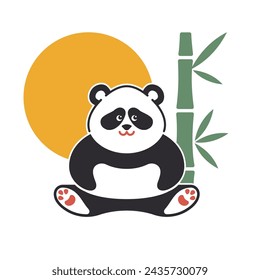 Cute panda on a background of sun and bamboo. Simple flat icon. Vector Illustration