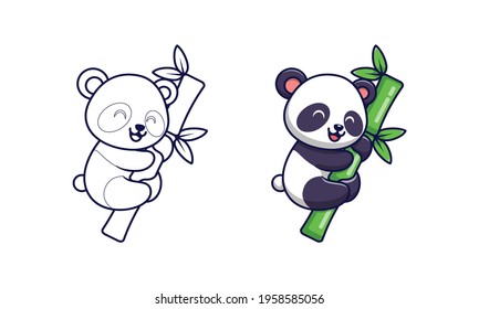 Cute panda on bamboo cartoon coloring pages for kids