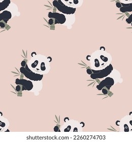 Rutschen Sie Panda auf Bambus nahtloses Muster. Handgezeichnet lustige Vektorpanda. Cartoon, der einen Bären auf rosafarbenem Hintergrund wiederholt. Baby nettes Design von Stoff, Baby, Cover.