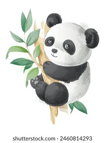 cute panda on bamboo tree cartoon hand drawn vector illustration