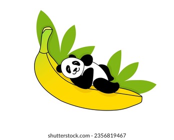 Cute panda on a big banana. Flat vector illustration.	