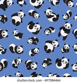 Cute panda on blue background pattern. Animal seamless pattern design. 