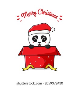 Cute panda on the box greeting merry christmas cartoon doodle card background illustration flat cartoon style