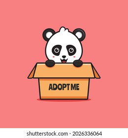 Cute panda on the box saying adopt me cartoon icon illustration. Design isolated flat cartoon style