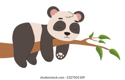 Cute panda on branch concept. Polar bear with black spots resting. Tropical fauna and wild life. Charming and adorable character. Cartoon flat vector illustration isolated on white background