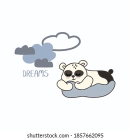 Cute panda on a cloud. Colorful childrens illustration, poster, print. Vector. Isolated on white background