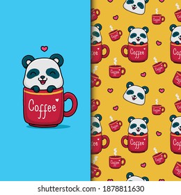 Panda lindo en la taza de café. Patrón sin foco.