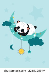 Cute panda on crescent poster. Charming animal sleeps next to stars and sun with clouds. Imagination and fantasy, dream and rest. Poster or banner for website. Cartoon flat vector illustration