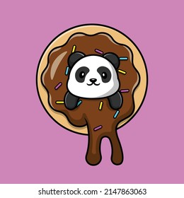 Cute Panda On Doughnut Cartoon Vector Icon Illustration. Animal Food Icon Concept Isolated Premium Vector