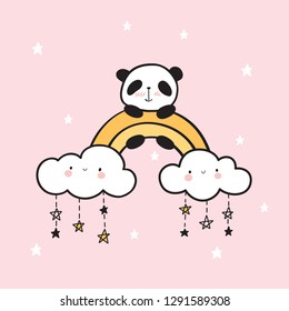 Cute panda on a gold rainbow and happy clouds. Greeting card for birthday, Valentine's Day, Mother's Day. Vector Illustration.
