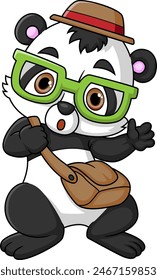 Cute panda on his way to school of illustration