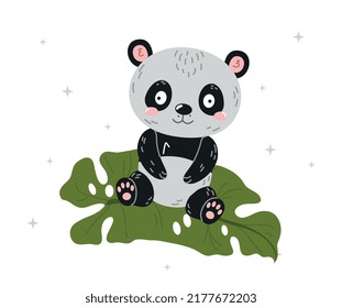 Cute panda on leaf. Adorable and charming Asian animal sitting on green leaves. Lazy mascot or toy for kids, social media stickers. Fictional character, fairy tale. Cartoon flat vector illustration