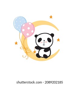 Cute panda on the moon with balloons. Vector illustration.
