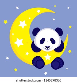 Cute panda on the moon. Cartoon vector illustration.