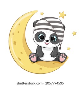 Cute panda on the moon in a sleeping cap. Vector illustration of a cartoon.
