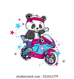 Cute panda on a motorcycle. Panda - biker. Funny Bear. Vector illustration for a card or poster. Print on clothes.