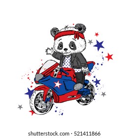 Cute panda on a motorcycle. Panda - biker. Funny Bear. Vector illustration for a card or poster. Print on clothes.