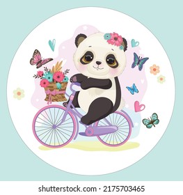 Cute panda on a pink bike with a basket of flowers and butterflies