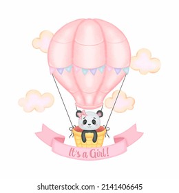 Cute panda on pink hot air balloon baby gender reveal. Watercolor style vector