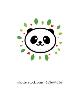 Cute Panda on positive vector illustration, Baby Bear logo, new design line art, Chinese Teddy-bear Black color sign, simple image, picture with animal, leaves and hearts