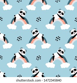 Cute panda on the rainbow  seamless pattern background. Design for fabric, wrapping, textile, wallpaper, apparel.
