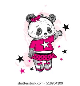 Cute Panda on roller skates. Pretty girl in a skirt. Vector illustration for a card or poster. Print on clothes. Childhood. Fashion & Style.