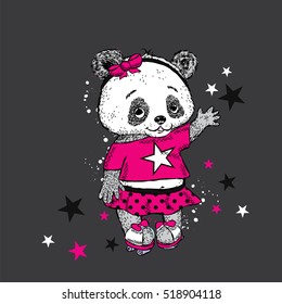 Cute Panda on roller skates. Pretty girl in a skirt. Vector illustration for a card or poster. Print on clothes. Childhood. Fashion & Style.