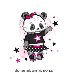 Cute Panda on roller skates. Pretty girl in a skirt. Vector illustration for a card or poster. Print on clothes. Childhood. Fashion & Style.