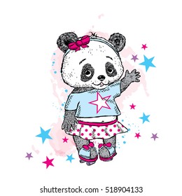 Cute Panda on roller skates. Pretty girl in a skirt. Vector illustration for a card or poster. Print on clothes. Childhood. Fashion & Style.