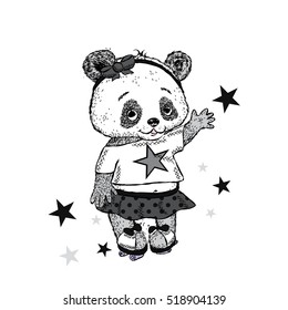 Cute Panda on roller skates. Pretty girl in a skirt. Vector illustration for a card or poster. Print on clothes. Childhood. Fashion & Style.