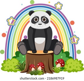 Cute panda on stump in flat cartoon style illustration
