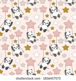 Cute panda on a swing in the sky among the stars. Creative kids texture for fabric, wrapping, textile, wallpaper, apparel. Vector illustration isolated on white