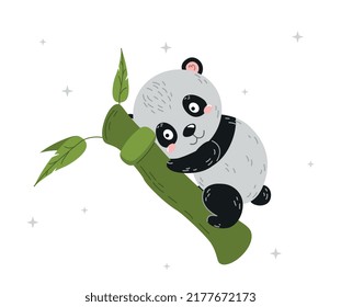 Cute panda on tree. Adorable and charming Asian animal trying to climb bamboo. Japan or China wildlife. Social media sticker, design element for print on apparel. Cartoon flat vector illustration