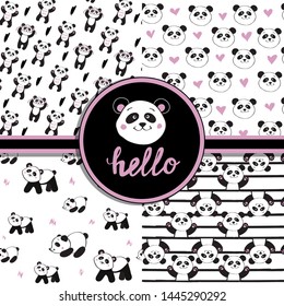 Cute panda on white background seamless pattern collection