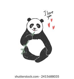 Cute panda on a white background with hearts and the inscription I love you. Vector illustration.