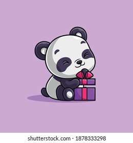 Cute panda abriendo caja de regalo cumpleaños. Caricatura de mascota Panda.