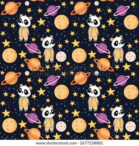 Cute panda in pajamas on the background of dreamy night sky, vector illustration, cozy and calm atmosphere for children, kids wallpaper. Texture for children's room