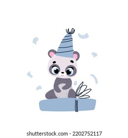 Cute panda in a party cap with gift. Vector print for children room, fabric, paper, greeting card, postcard, card, t shirt, poster, textile. Vector illustration. Happy birthday card. 