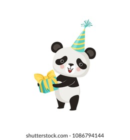 Cute panda in party hat with gift box in paws. Adorable bamboo bear with pink cheeks. Flat vector design for print, sticker or birthday postcard