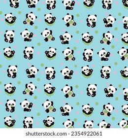 cute panda patern; cute panda with good luck leaf waving hand, vector illustration. editable stroke